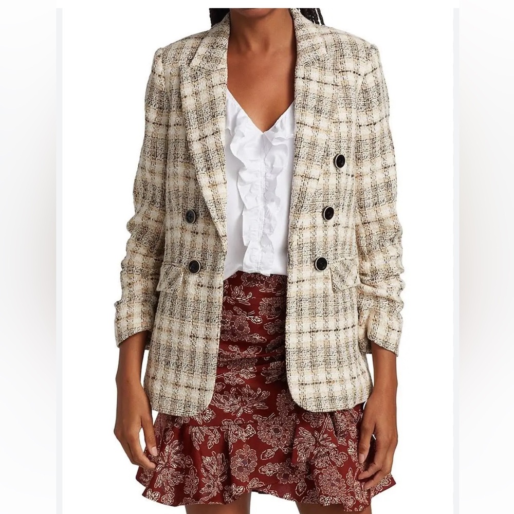 $750 Veronica Beard Beacon luxe Plaid Dickey Jacket Tan White Cream black sz 10